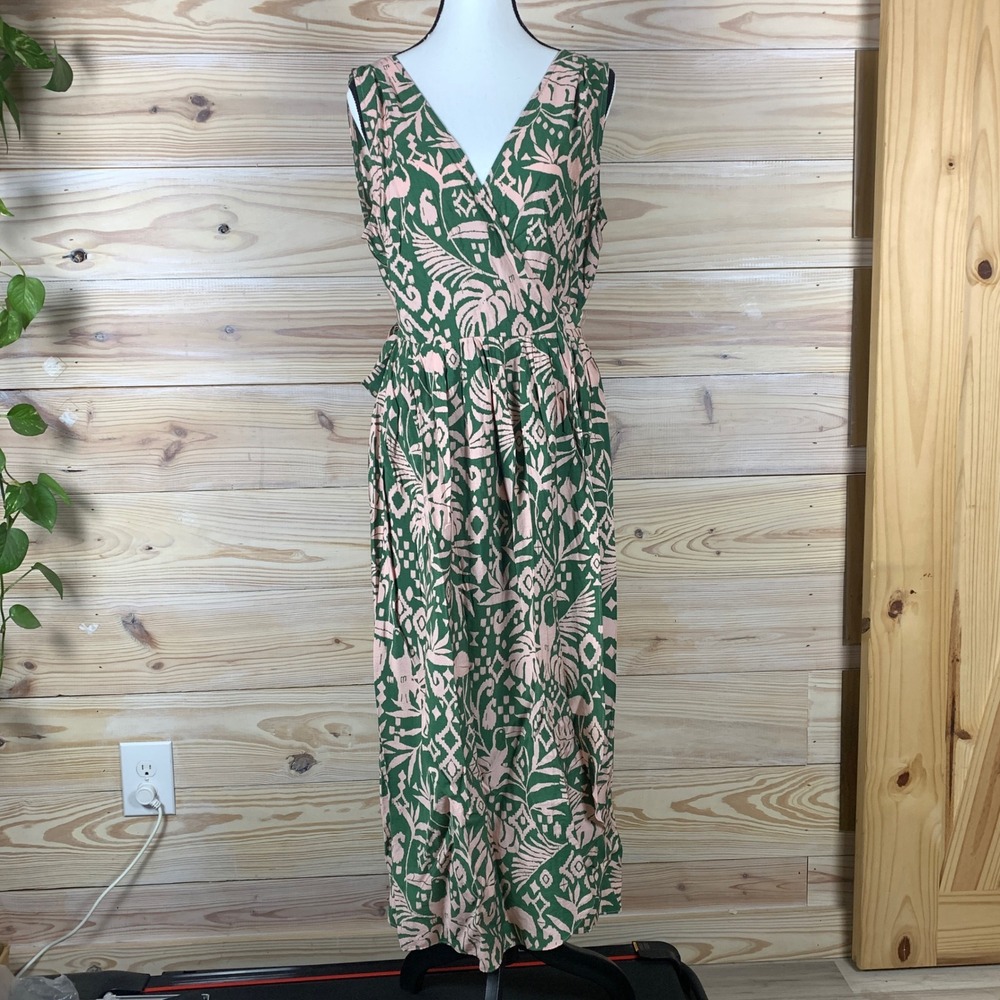 Dress Forum Midi Dress Womens Large Wrap Green Pink Tropical Botanical Resort‎